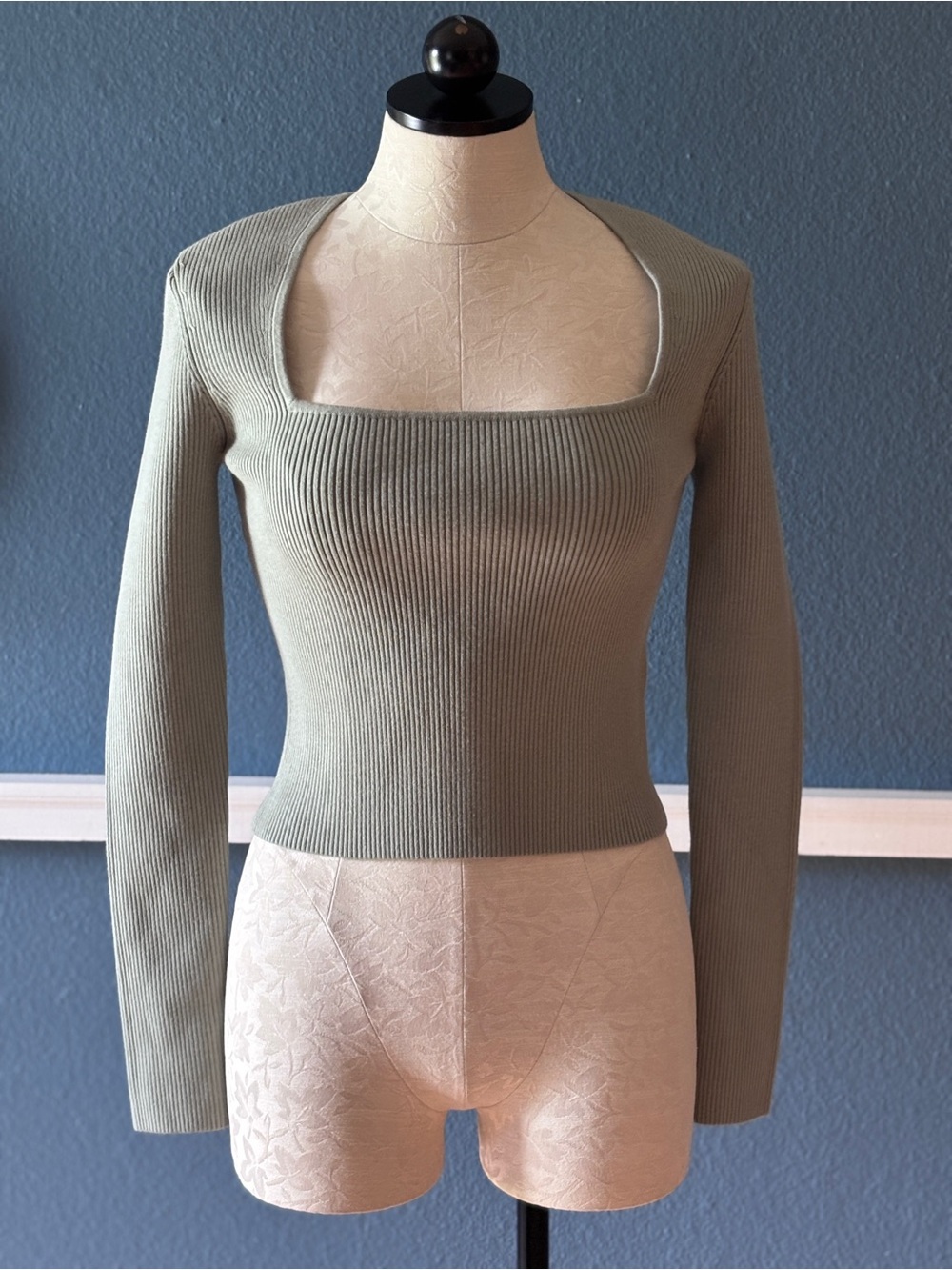 Open Edit Luxe Sculpt Square Neck Long Sleeve Top in Green Halo NWT